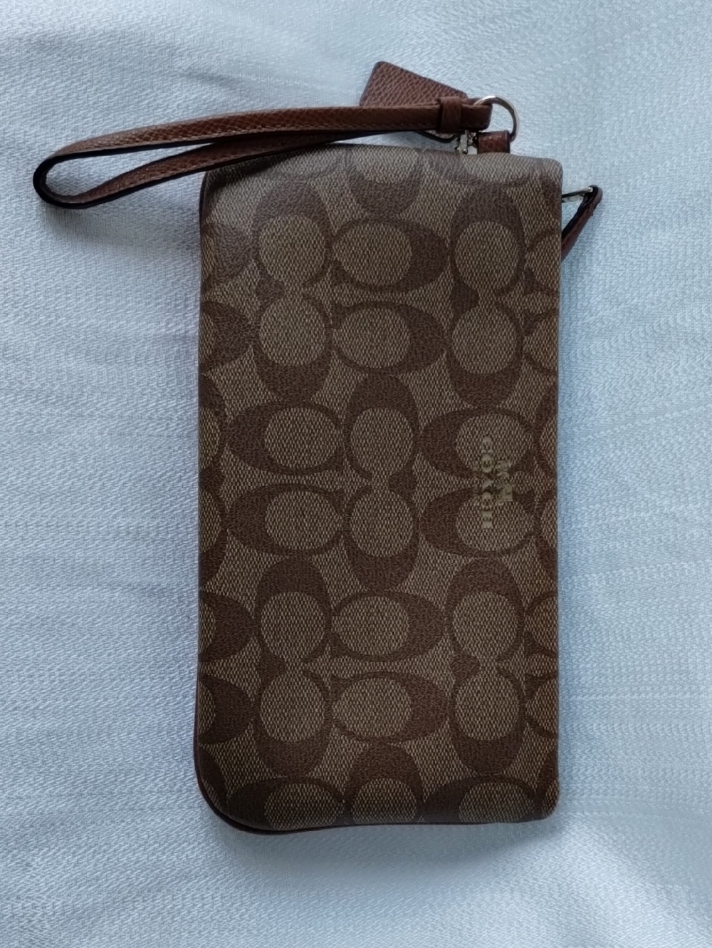 Coach Long Zip Around Wristlet Wallet Brown Monogram Wristlet with Leather Strap